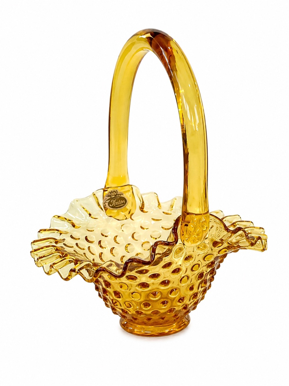 Vintage Fenton Glass 7.5” X6.75” Amber Basket Hob Knob Pattern Ruffled Edges